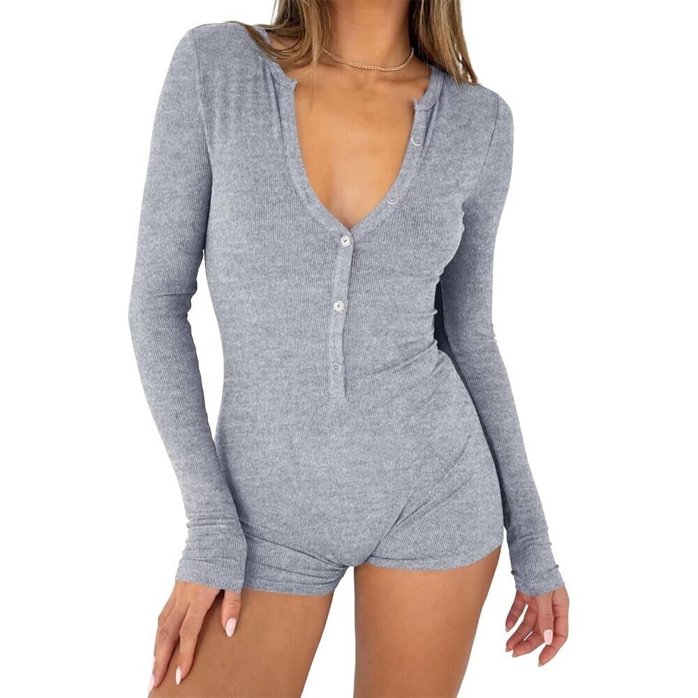 Women's Light Grey One Piece Button Jumpsuit V Neck Romper Long Sleeve Bodysuit